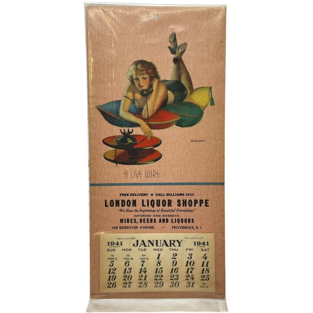 VTG 1941 A Live Wire Calendar Pin Up Girl Providence RI Liquor Store Advertising